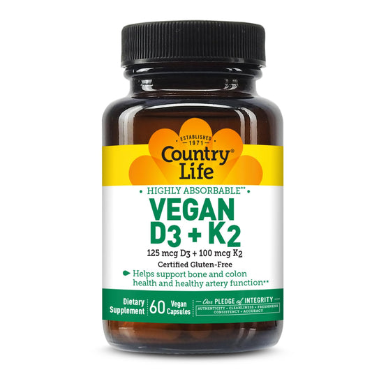 Country Life vitamina vegana d3 k2 5000 iu mk4 mk7 cápsulas