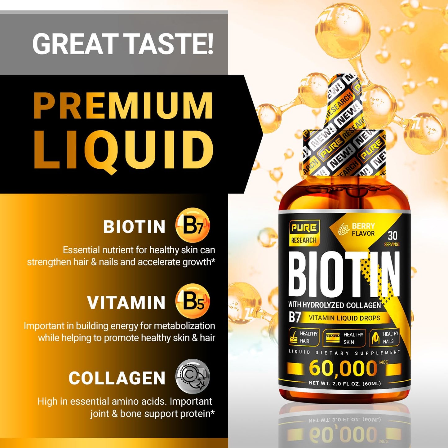 Crecimiento capilar con biotina y colágeno líquido de Pure Research