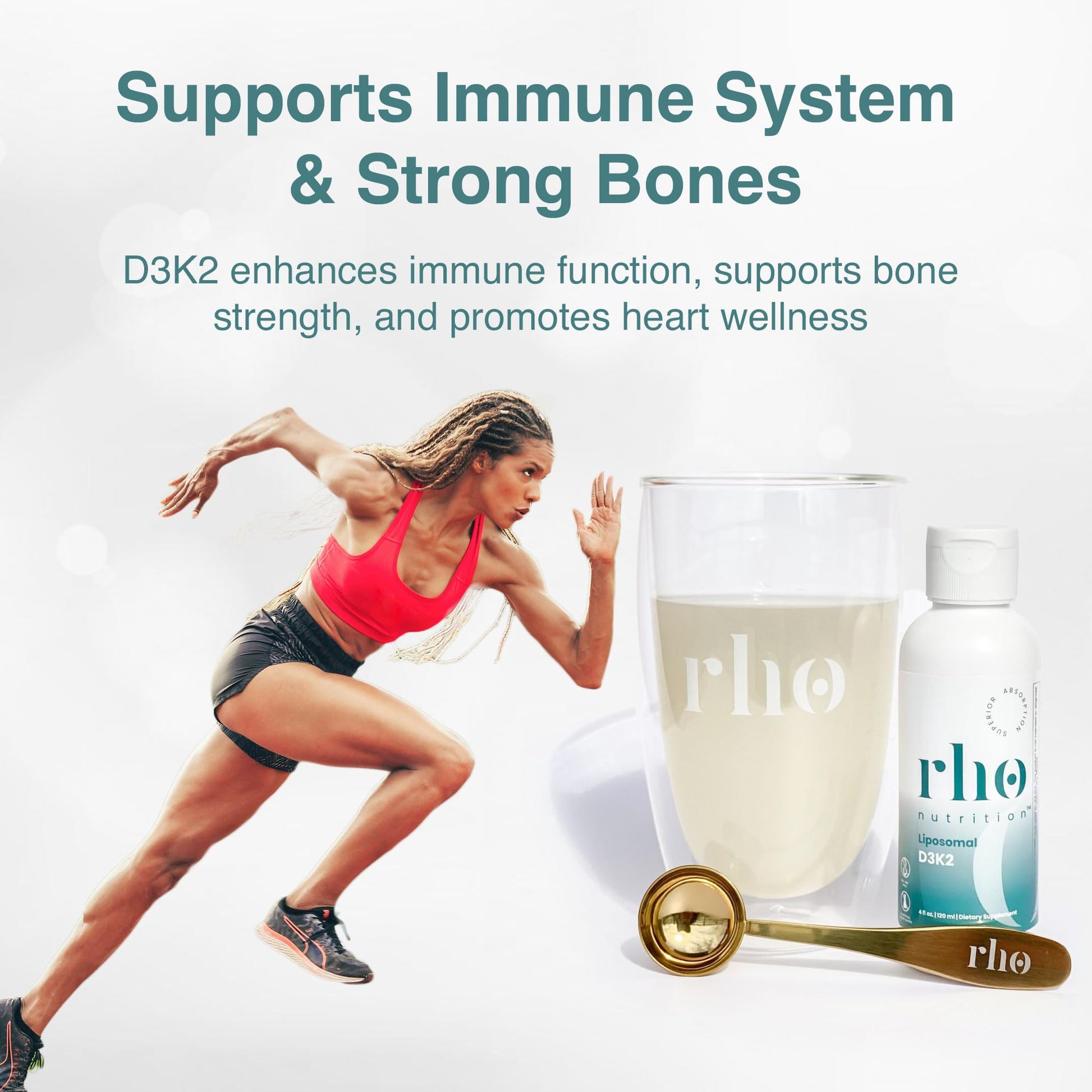 Cucharadita con suplemento líquido Rho Liposomal D3K2 sabor frutos rojos