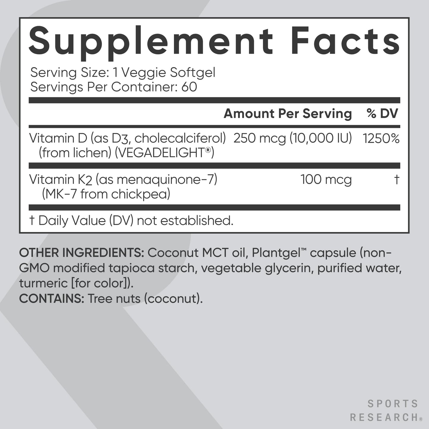 D3 vegana y vitamina K2 Sports Research 60 cápsulas blandas