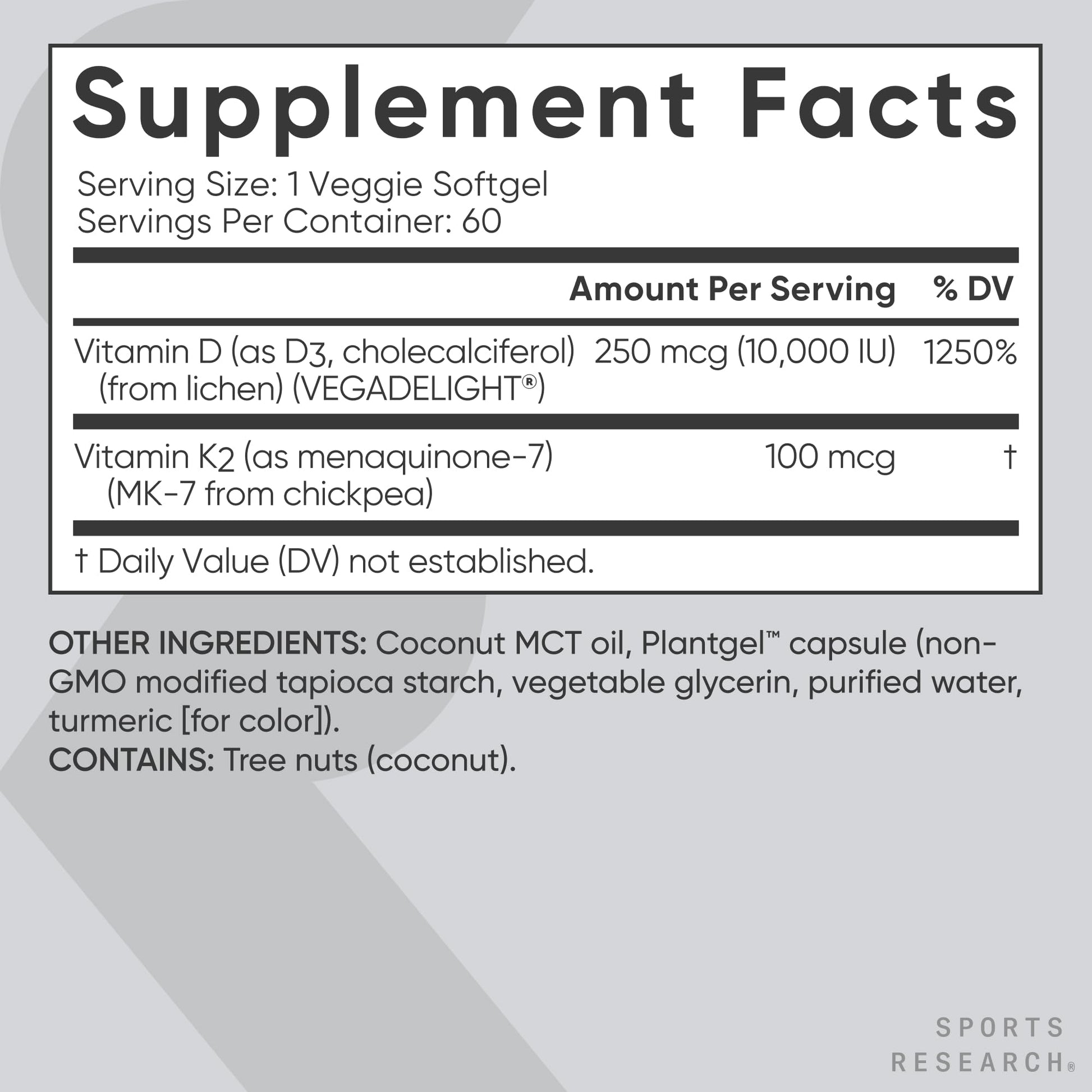 D3 vegana y vitamina K2 Sports Research 60 cápsulas blandas