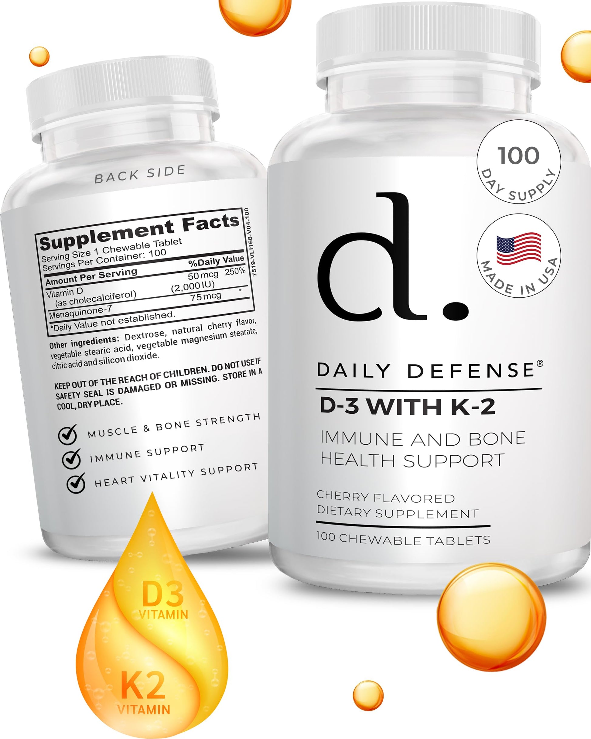 Daily Defense suplemento vitamina d3 k2 2000 iu frasco