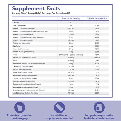Datos nutricionales del multivitamínico Bari Life bariátrico