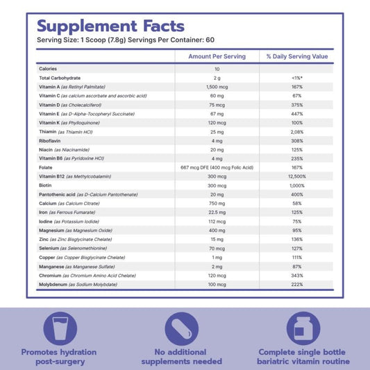 Datos nutricionales del multivitamínico Bari Life bariátrico