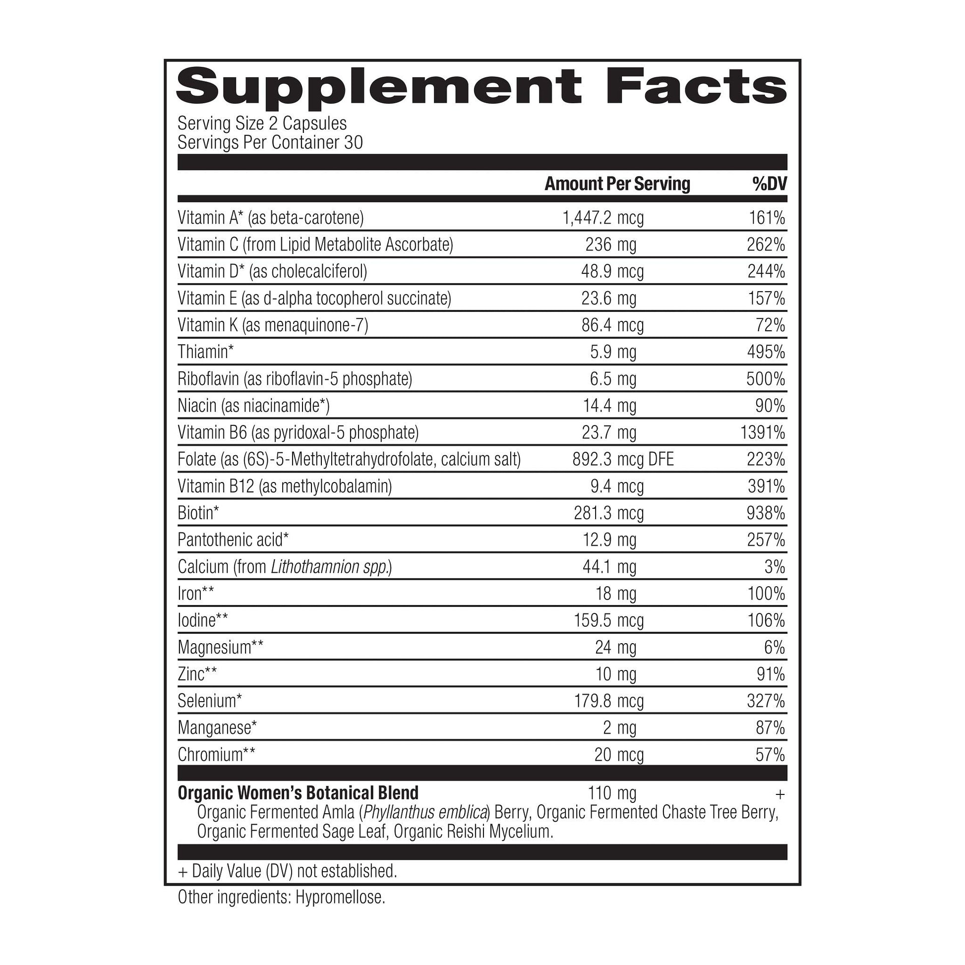 Datos nutricionales del multivitamínico para mujeres