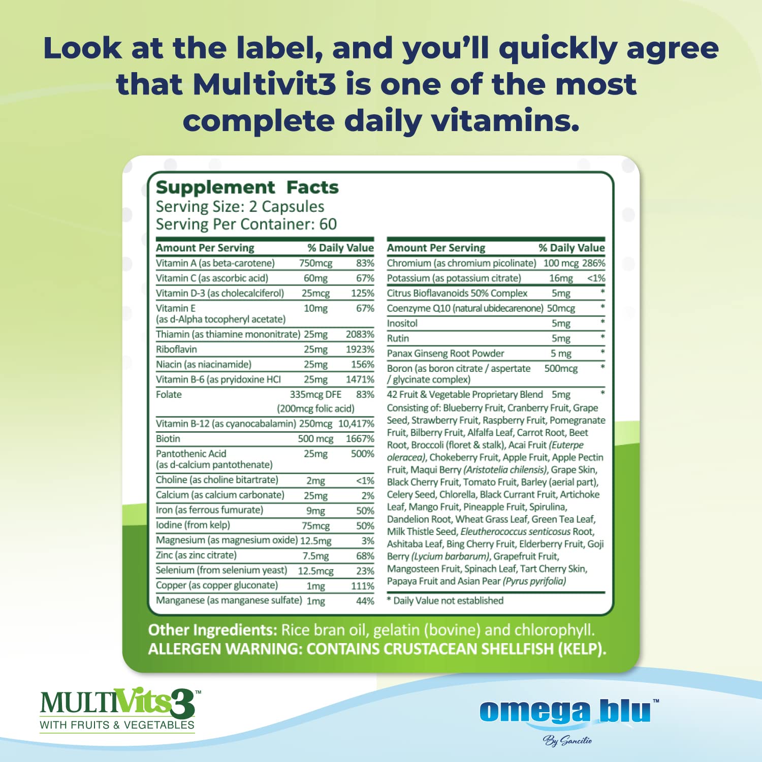 Datos de suplementos de multivitaminas OMEGA BLU