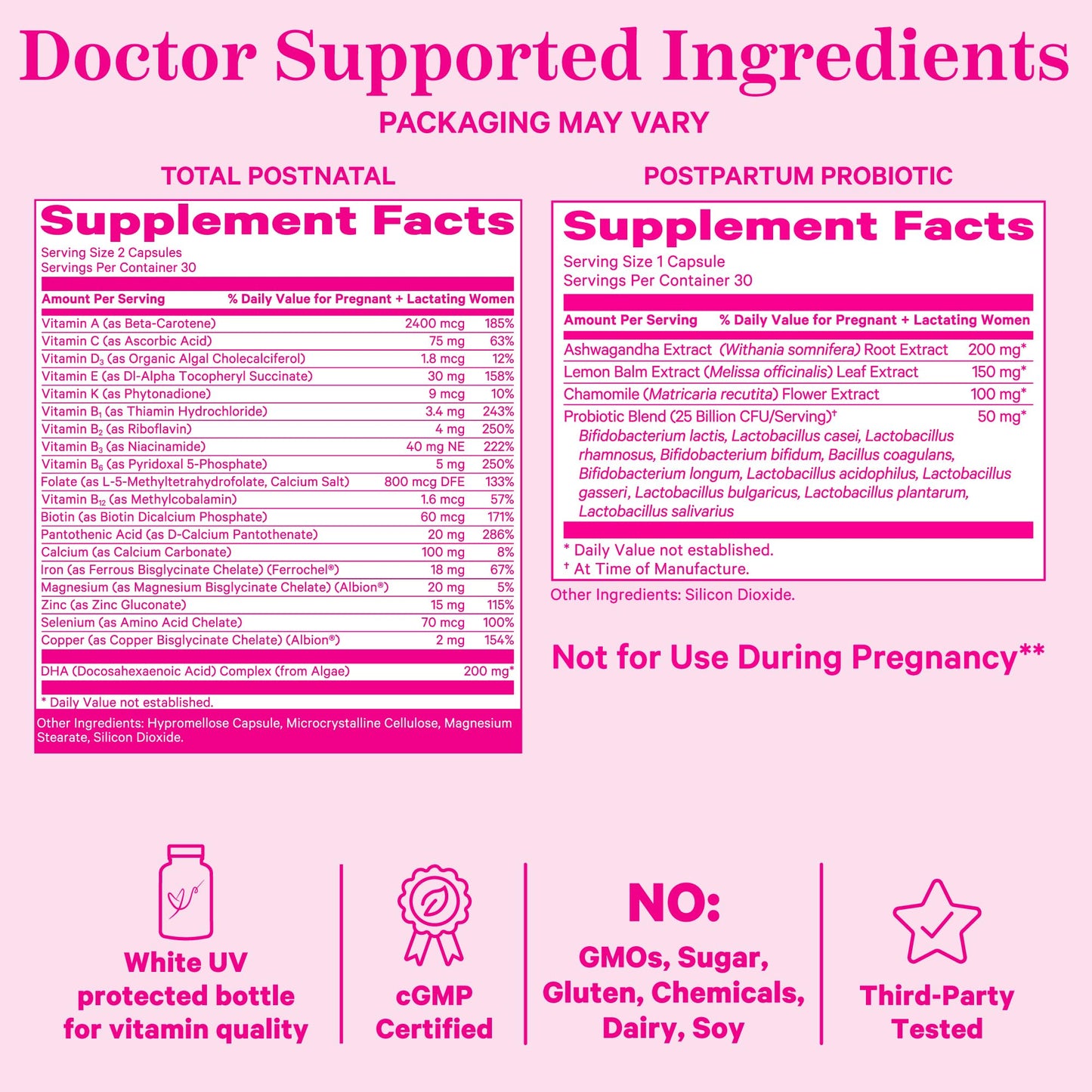 Multivitaminas y probióticos Pink Stork datos de suplementos