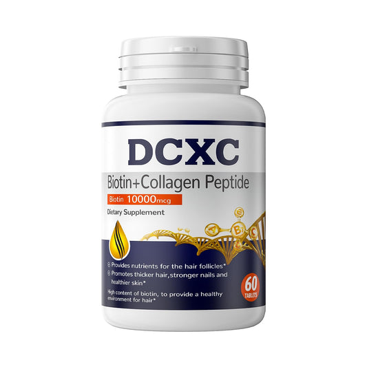 Botella del suplemento Biotina y Colágeno DCXC 60 tabletas