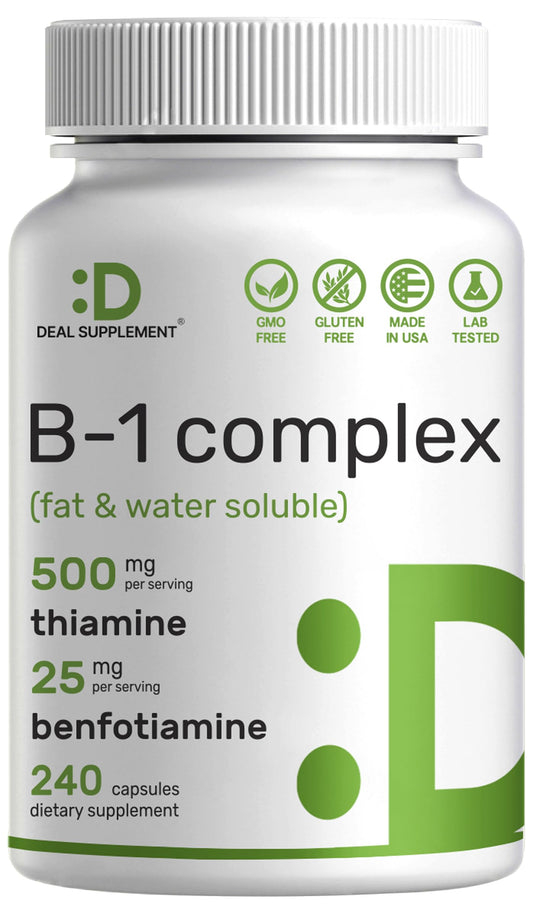 Botella de suplemento vitamina b1 con benfotiamina 240 cápsulas