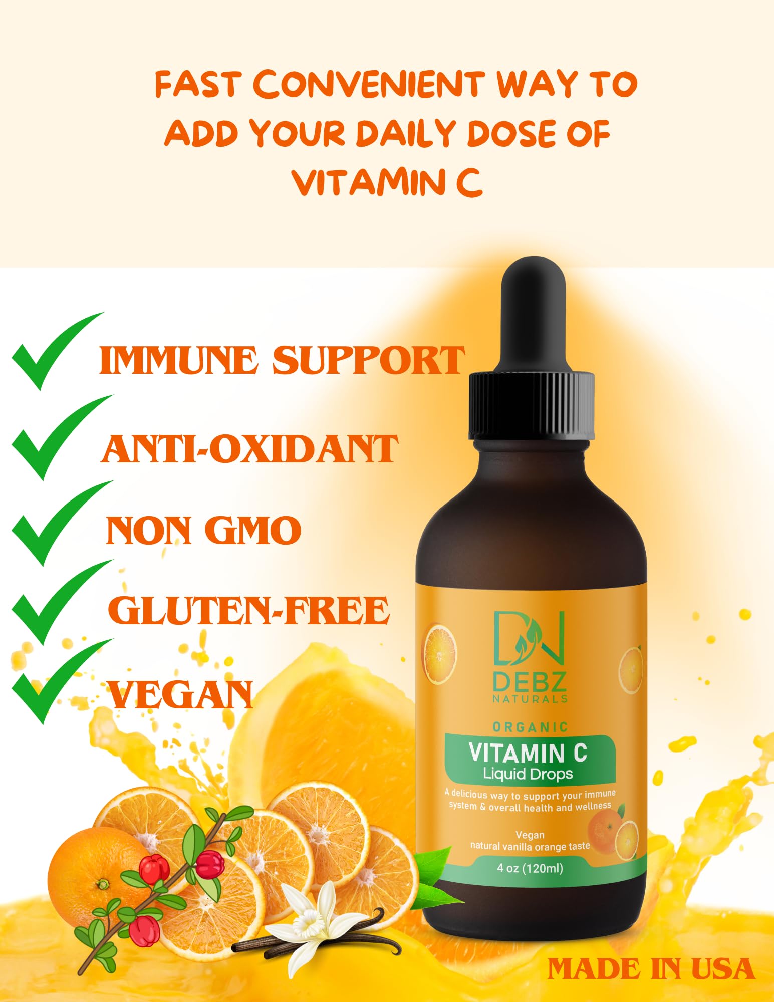 Gotas vitamina c orgánica Debz Naturals y etiqueta