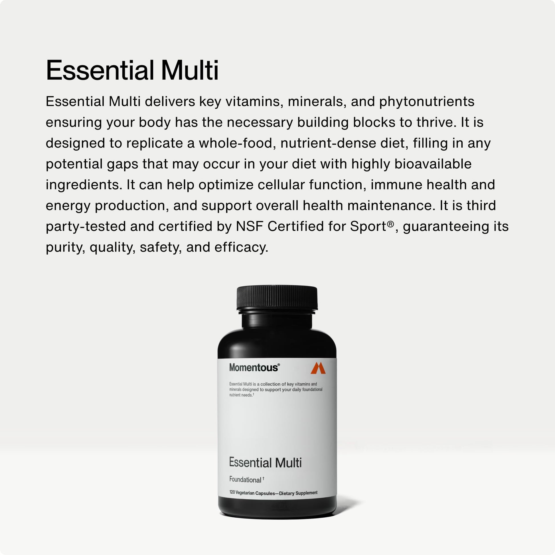 Descripción de beneficios de multivitaminas Momentous Essential.