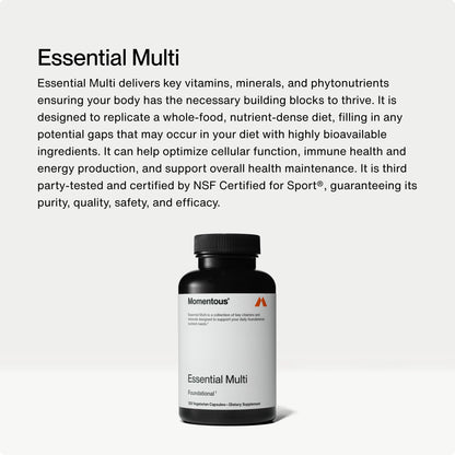 Descripción de beneficios de multivitaminas Momentous Essential.