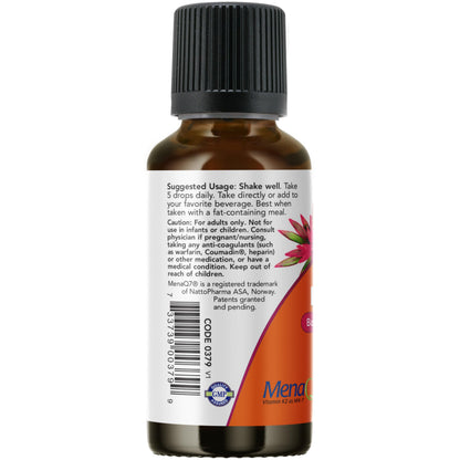 Detalle botella líquido vitamina D3 2500 UI K2 MK7 NOW Foods