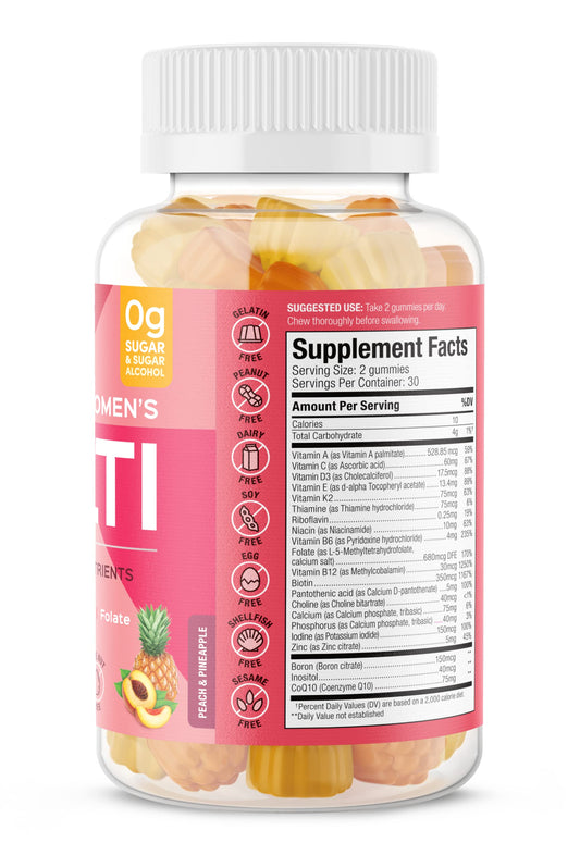 Detalle de la botella de multivitamínicos SUKU, sin gluten ni azúcar.