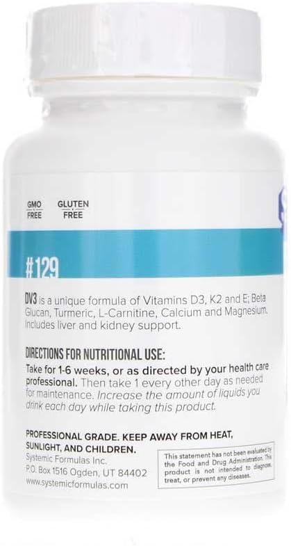 Detalle botella Systemic Formulas DV3 suplemento vitamina d3 natural