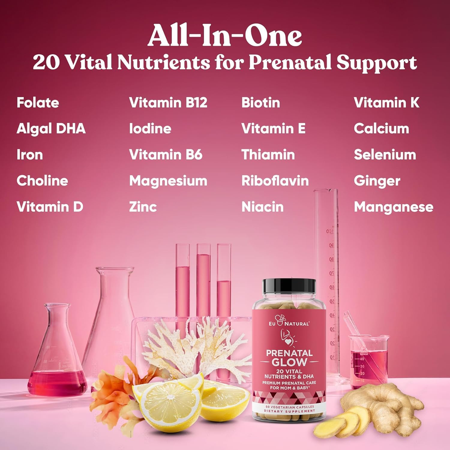 Detalle botella vitaminas prenatales Glow