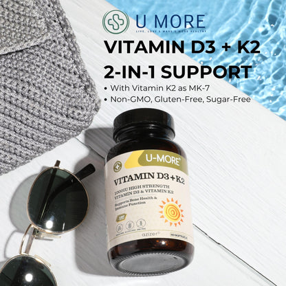 Detalle caja U-MORE vitamina D3 y K2 suplemento huesos e inmunidad