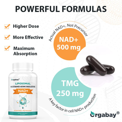 Detalle de cápsulas blandas Orgabay NAD+ liposomal 500 mg