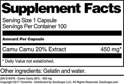 Detalle cápsulas Camu Camu 20% TerraVita
