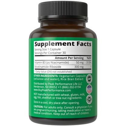 Detalle cápsulas NR veganas Peak Performance para NAD+