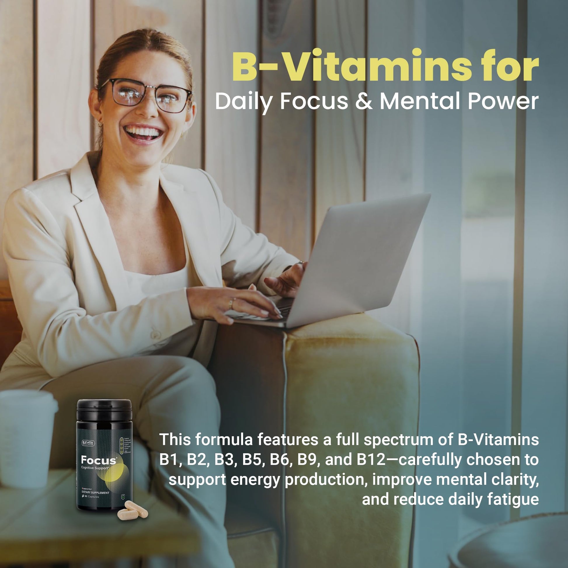 Detalle de cápsulas del suplemento natural para concentración ELEVITA WELLNESS