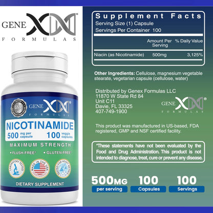 Detalle de cápsulas suplemento niacinamida Genex Formulas