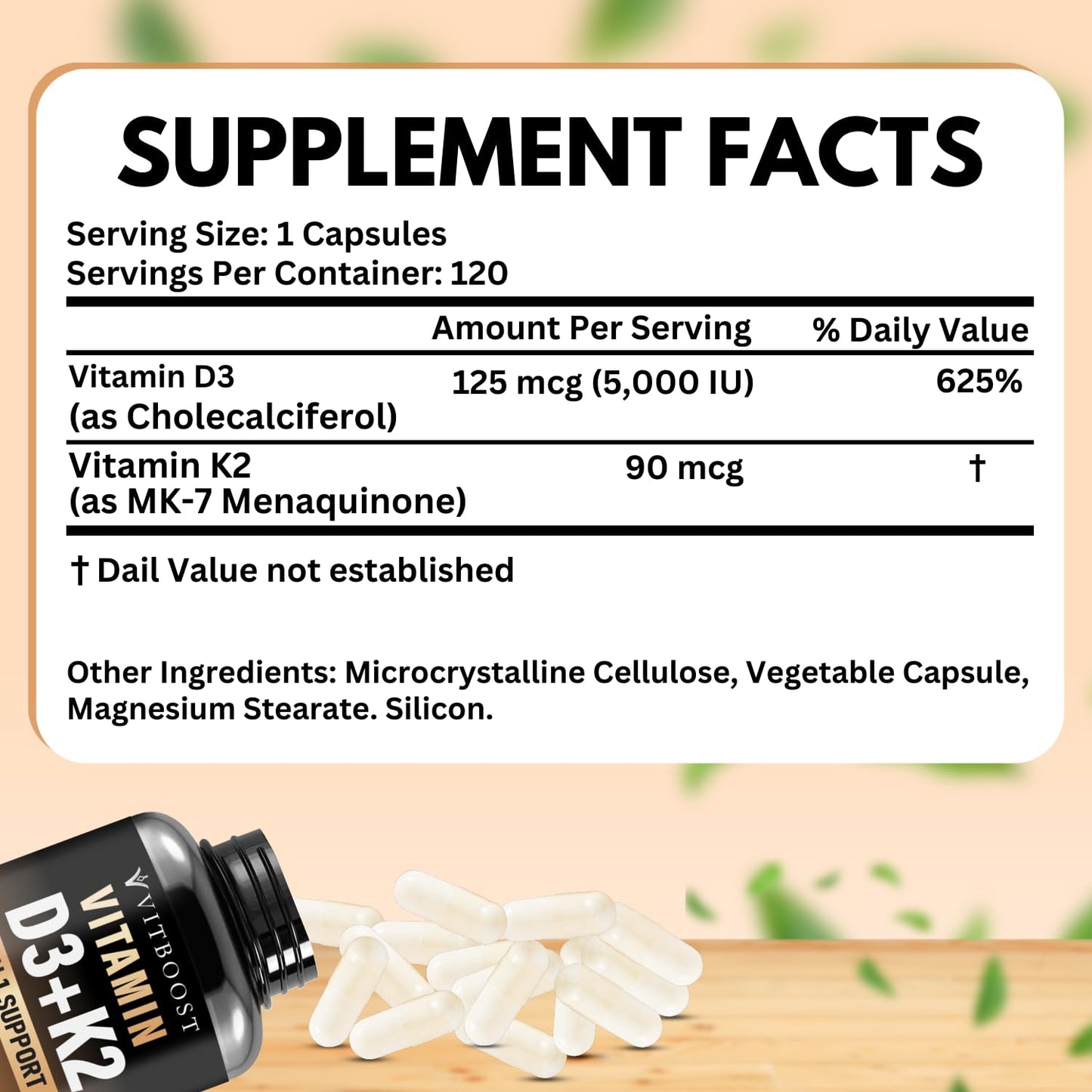 Detalle cápsulas vitamina D3 K2 VITBOOST caja 120