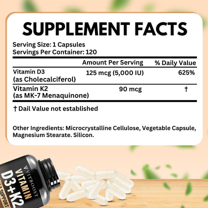 Detalle cápsulas vitamina D3 K2 VITBOOST caja 120