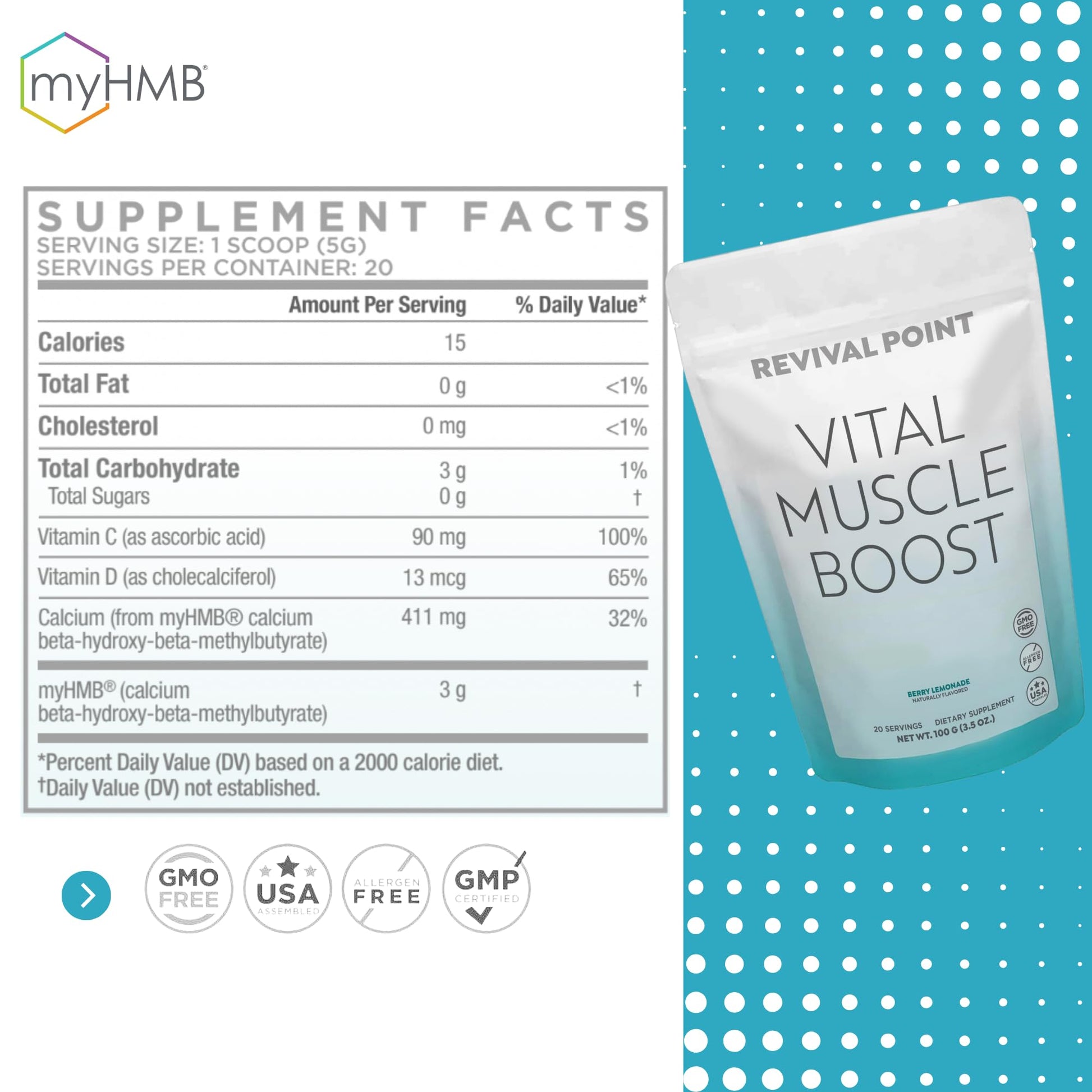 Detalle empaque Vital Muscle Boost myHMB y vitamina D3