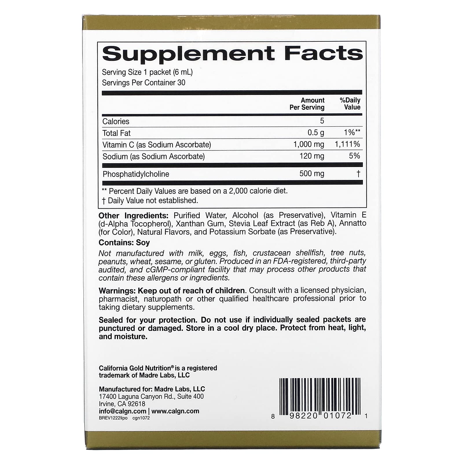 Detalle empaque vitamina c liposomal California Gold Nutrition