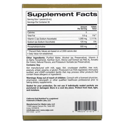 Detalle empaque vitamina c liposomal California Gold Nutrition
