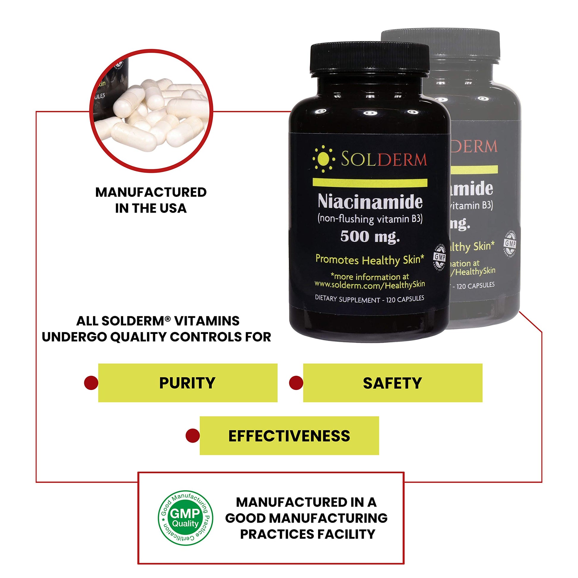 Detalle empaque vitaminas niacinamida SOLDERM 500mg sin gluten