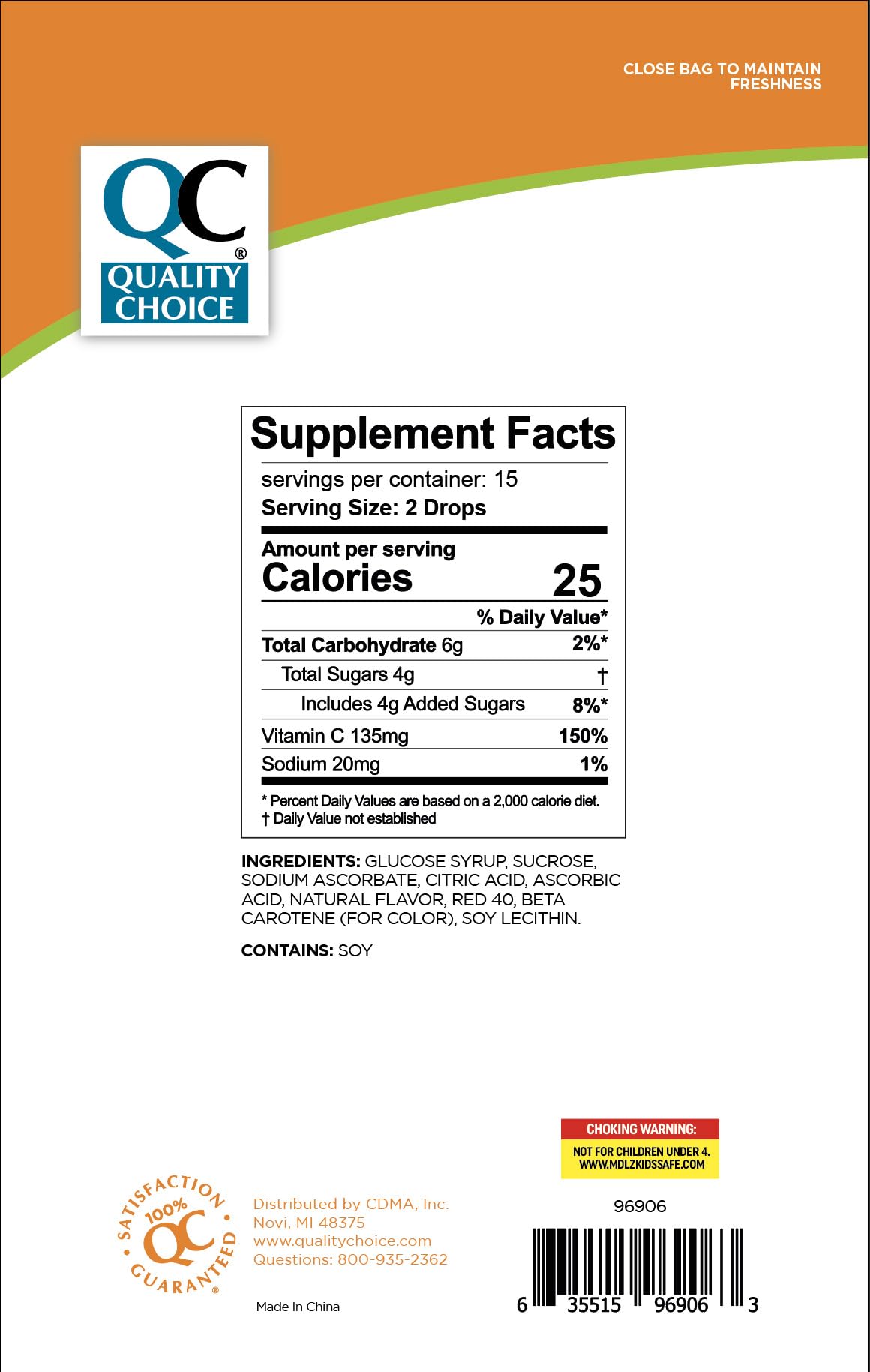 Detalle de empaques individuales de gotas de vitamina C Quality Choice