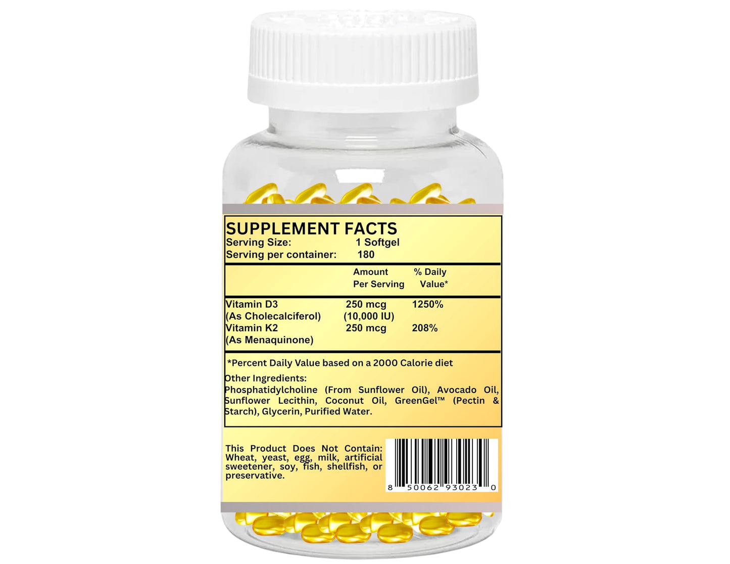 Detalle de envase y cápsulas de vitamina D3 y K2
