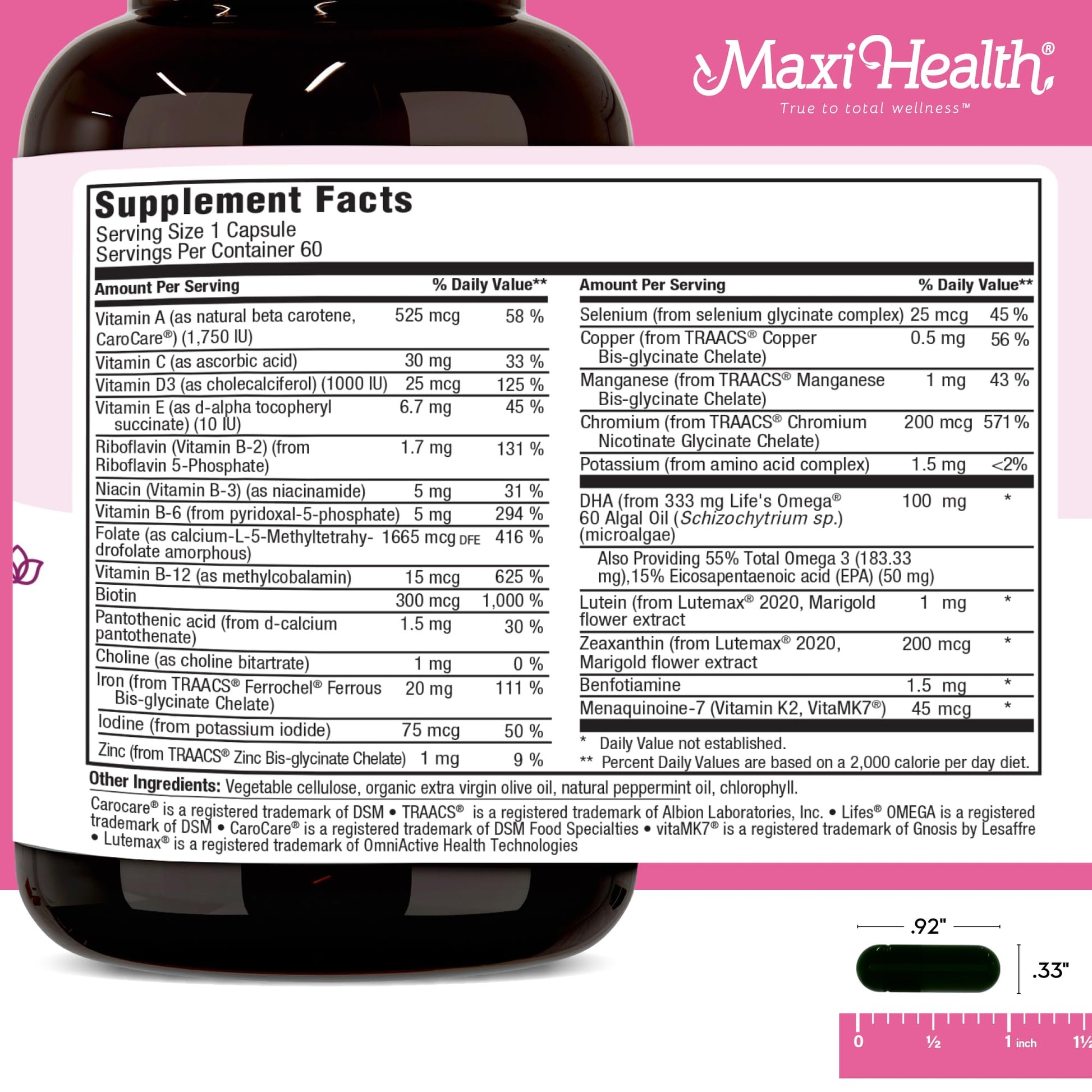 Detalle del envase de Maxi Health suplemento prenatal DHA