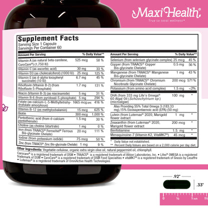 Detalle del envase de Maxi Health suplemento prenatal DHA