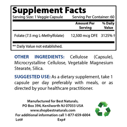 Detalle etiqueta Best Naturals Metilfolato 7500 mcg