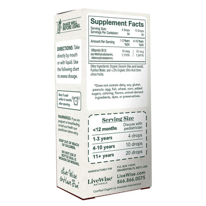 Detalles etiqueta gotas líquidas vitamina B12 niños