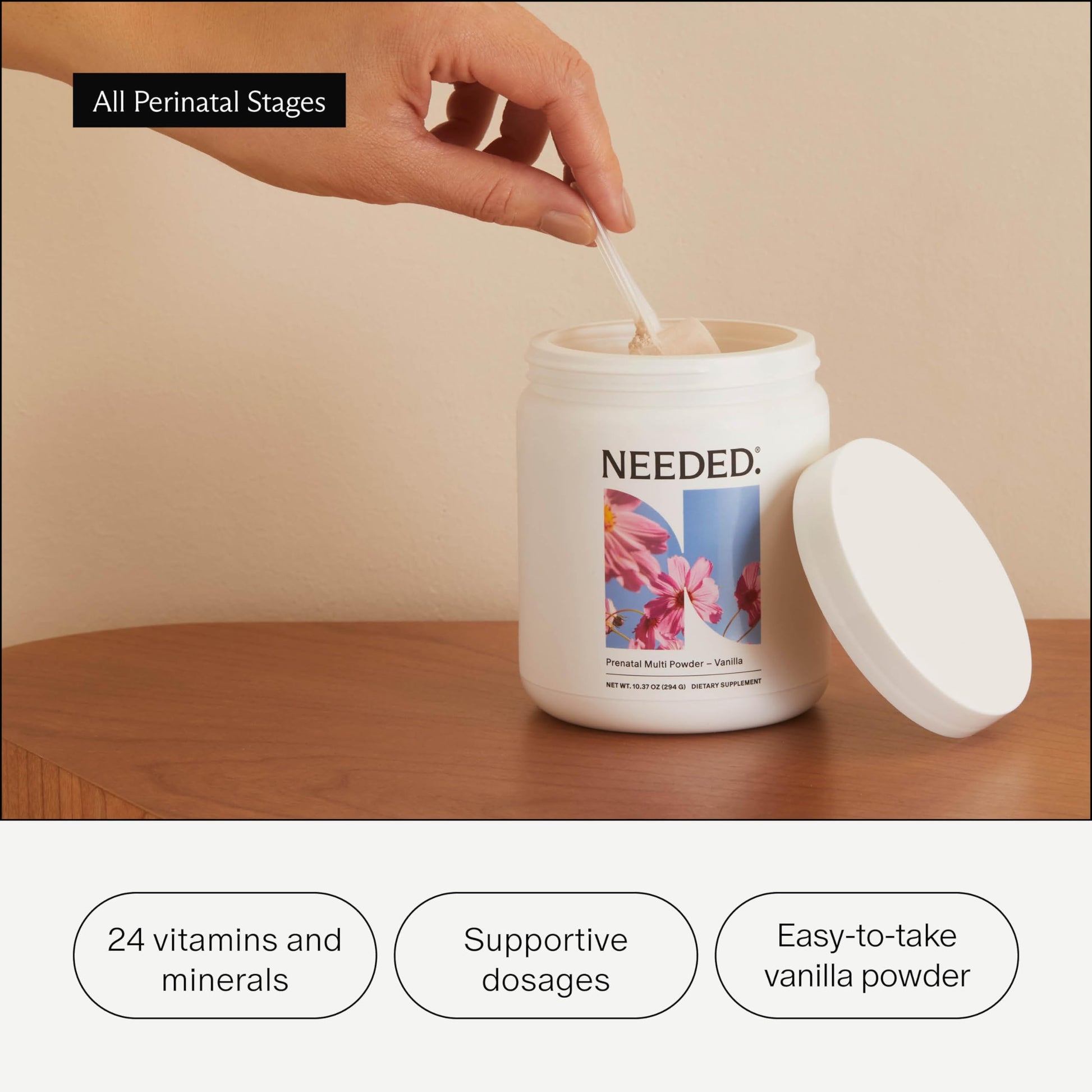 Detalle etiqueta multivitaminico prenatal Needed mujeres embarazadas