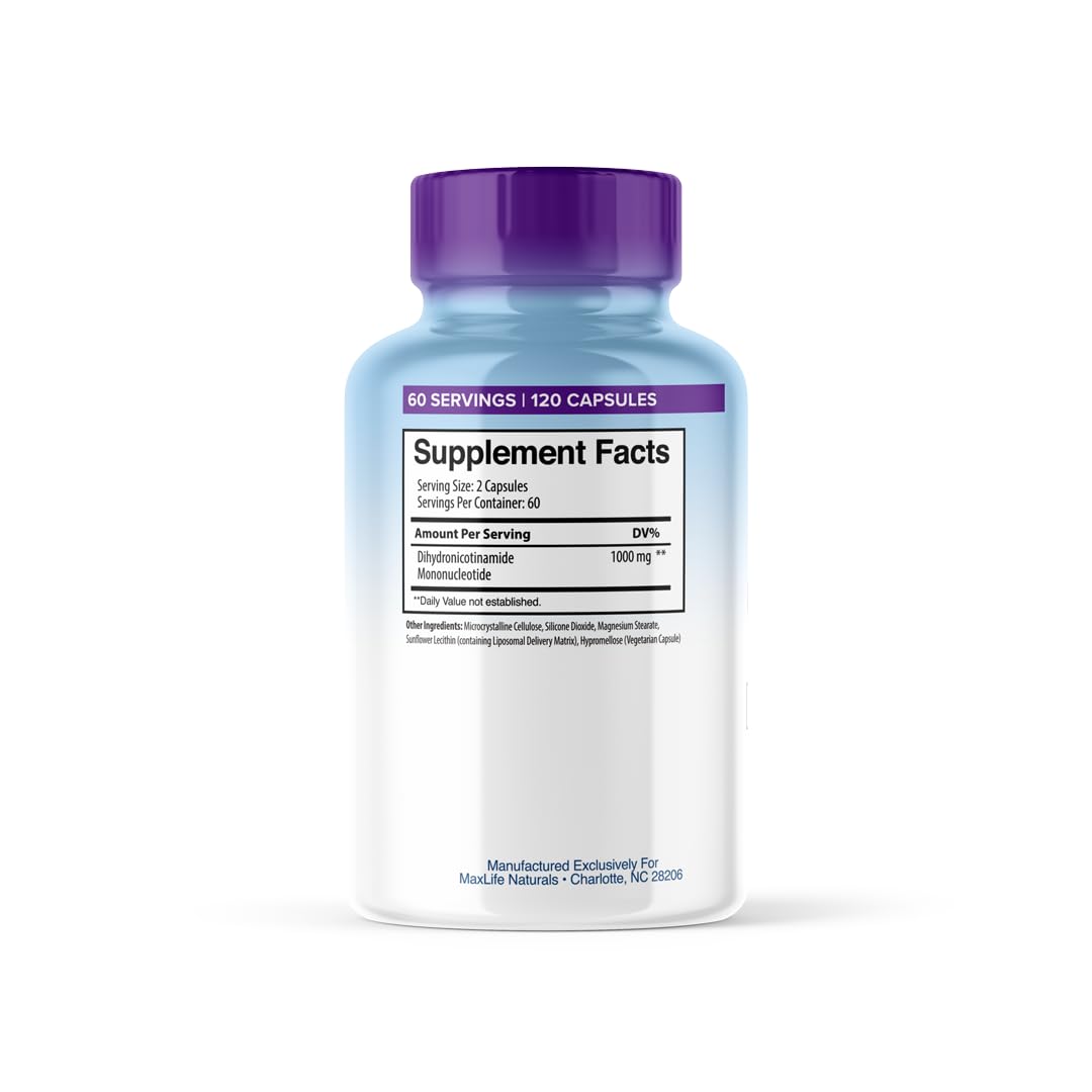 Detalle etiqueta con información científica NMNH liposomal MAXLIFE