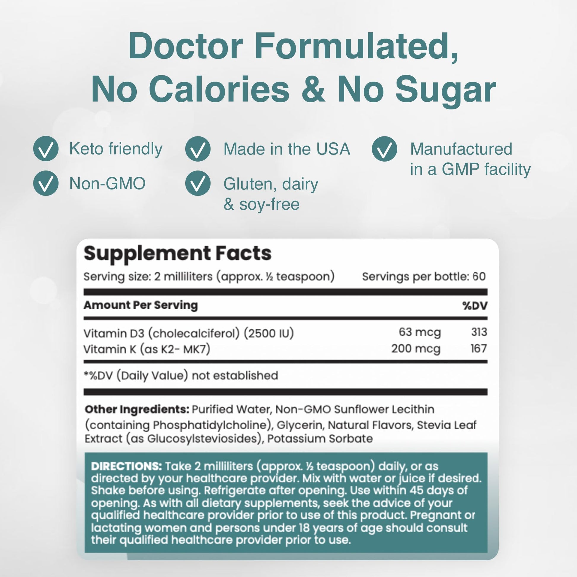 Detalle etiqueta Rho Liposomal D3K2 con ingredientes y beneficios