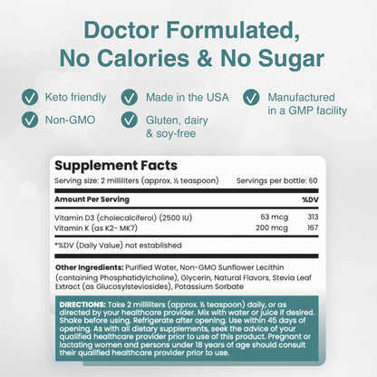 Detalle etiqueta Rho Liposomal D3K2 con ingredientes y beneficios