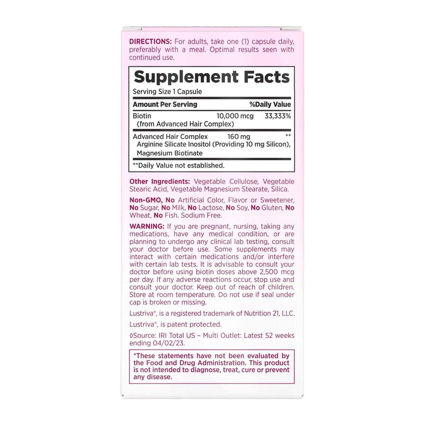 Detalle etiqueta vitaminas para cabello Nature's Bounty