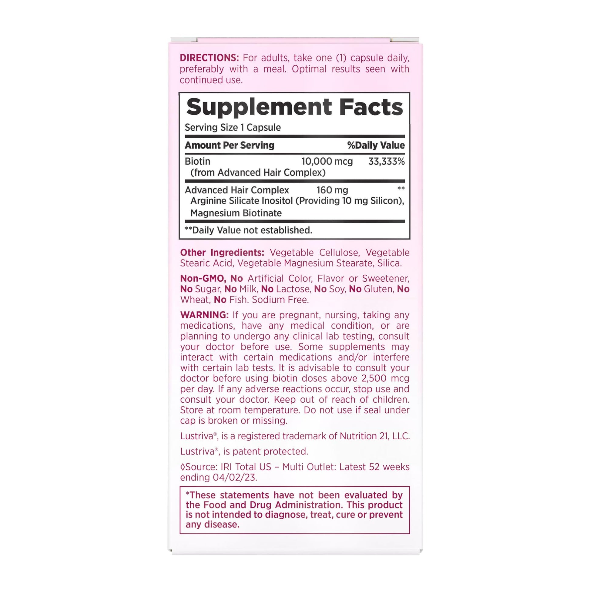 Detalle etiqueta vitaminas para cabello Nature's Bounty