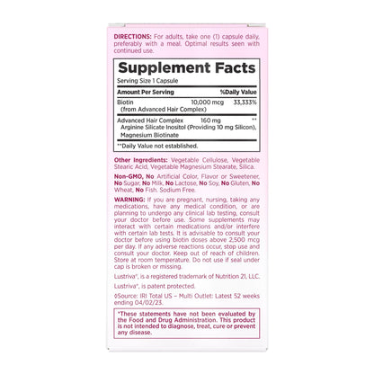 Detalle etiqueta vitaminas para cabello Nature's Bounty
