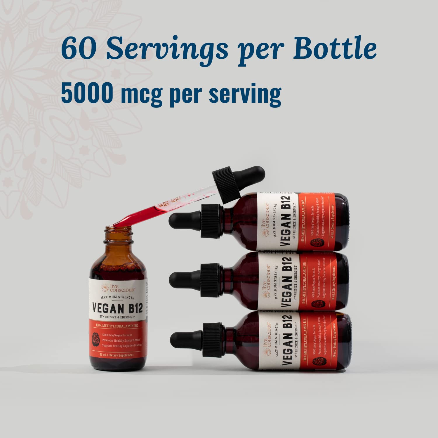 Detalle frasco gotas vitamina B12 vegana Live Conscious