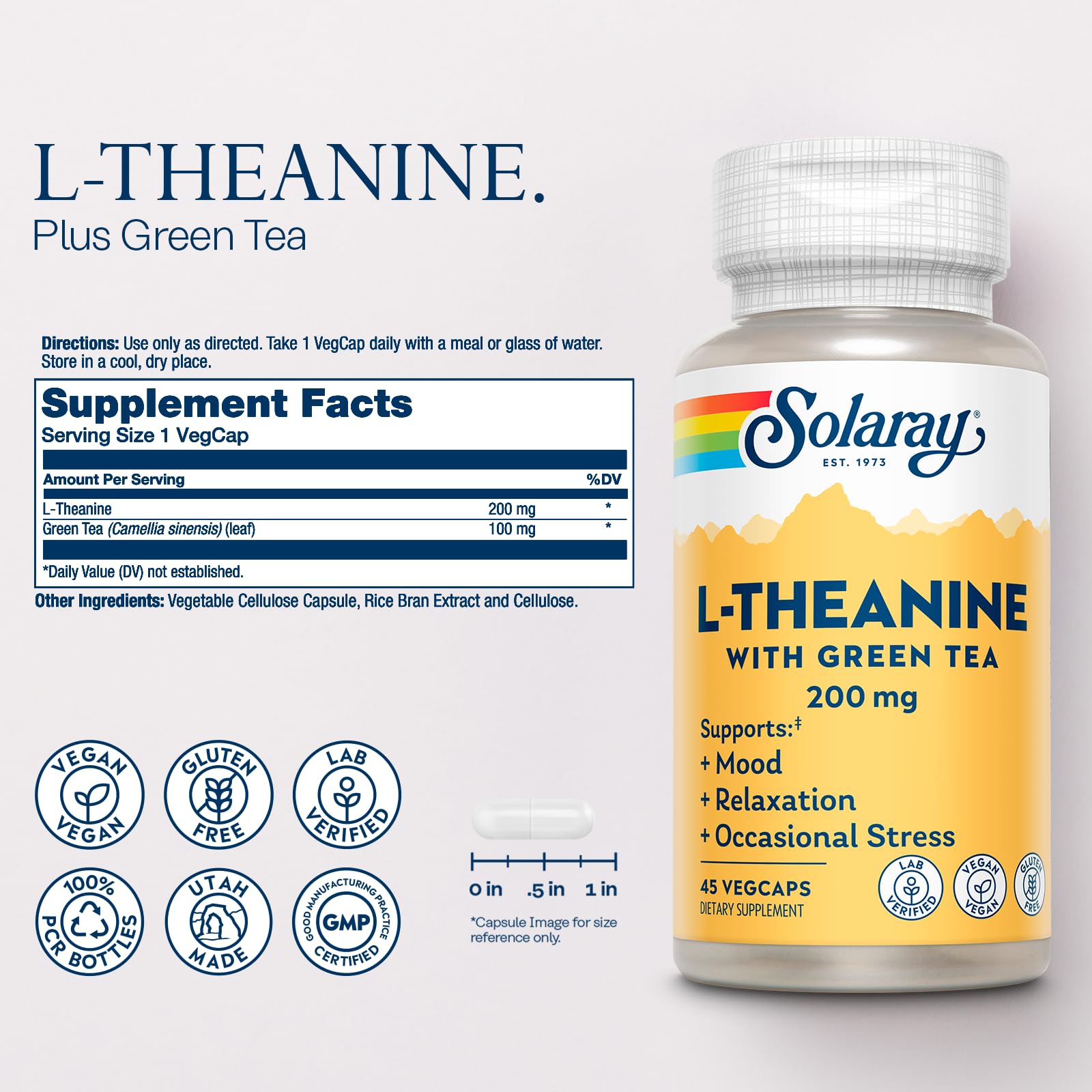 Detalle del frasco Solaray L-Teanina y Té Verde