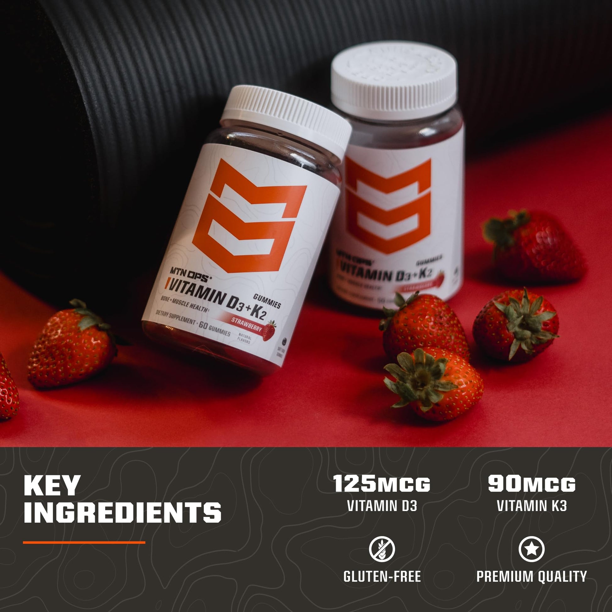 Detalle gomitas suaves sabor fresa MTN OPS vitamina D3 K2