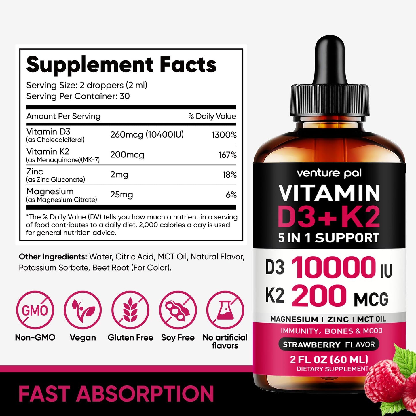 Detalle gotero suplemento vitamina d3 y k2 frambuesa