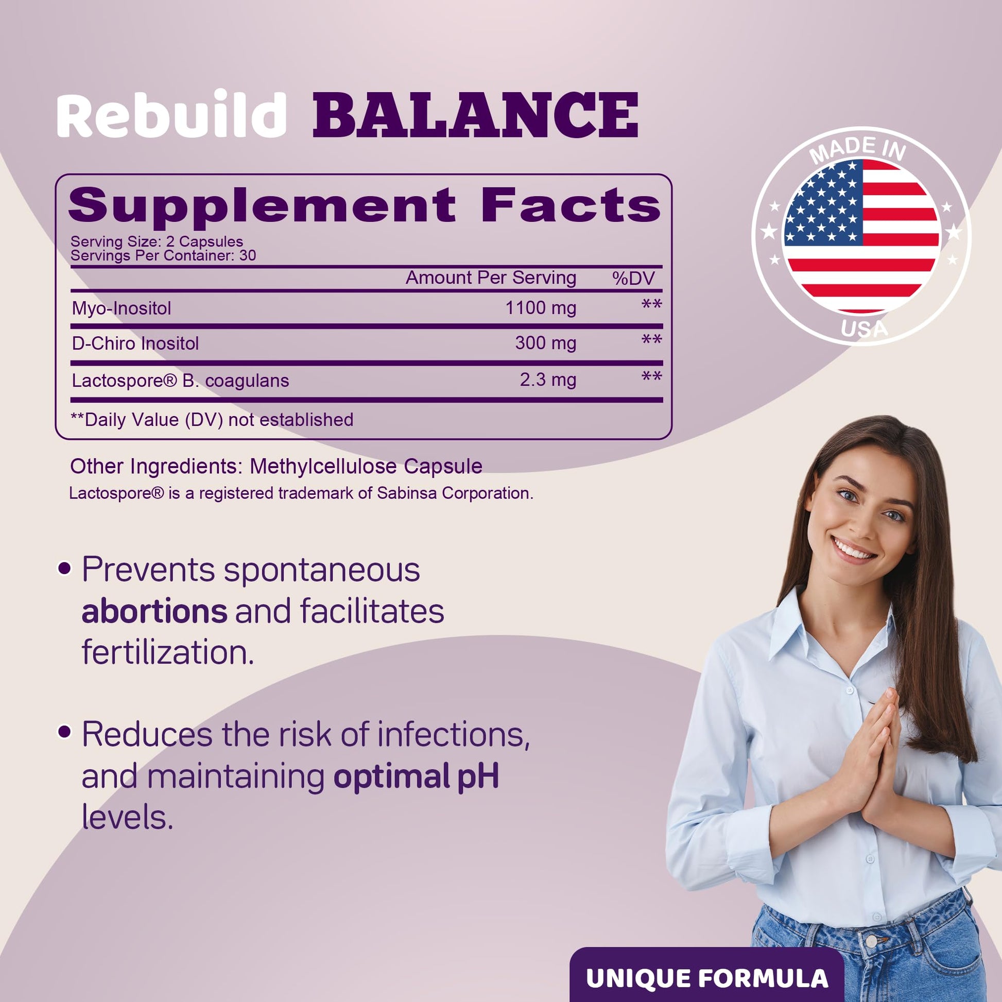 Detalle ingredientes probióticos en Rebuild Balance para mujeres